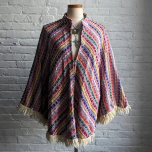 70s Vintage Knit Rainbow Southwest Blanket Poncho Hippie Fringe Trippy Vest Cape