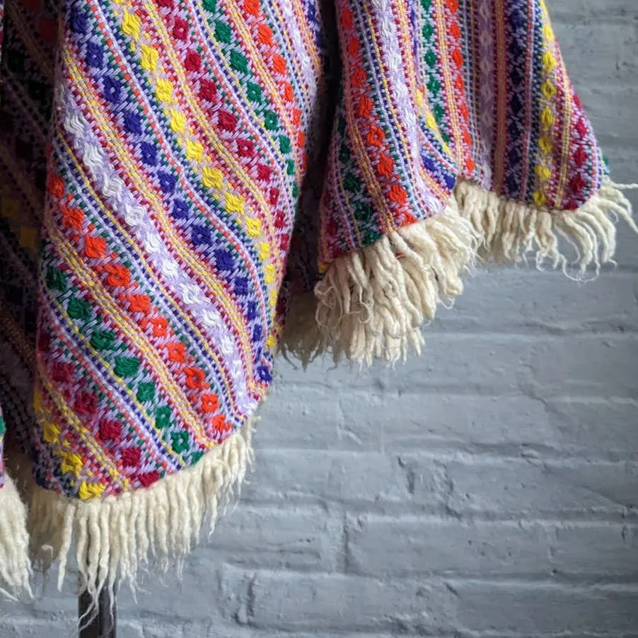 70s Vintage Knit Rainbow Southwest Blanket Poncho Hippie Fringe Trippy Vest Cape