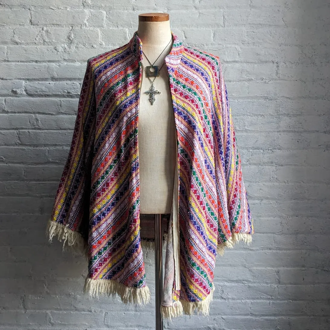 70s Vintage Knit Rainbow Southwest Blanket Poncho Hippie Fringe Trippy Vest Cape