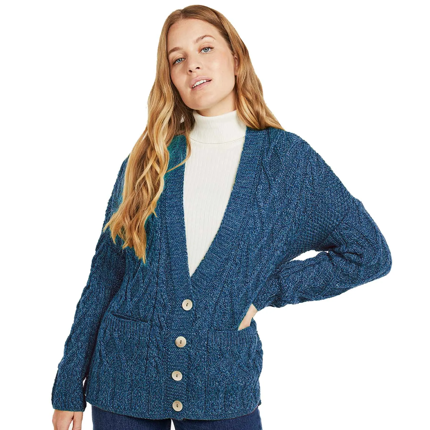 Aran Knit Trellis Button Cardigan- Blue