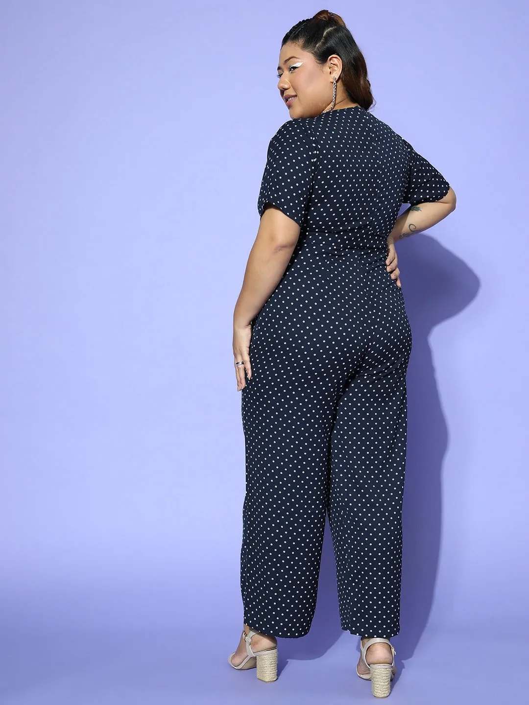 Berrylush Women Plus Size Blue & White Polka Dot Printed V-Neck Tie-Up Waist Layered Culotte Jumpsuit