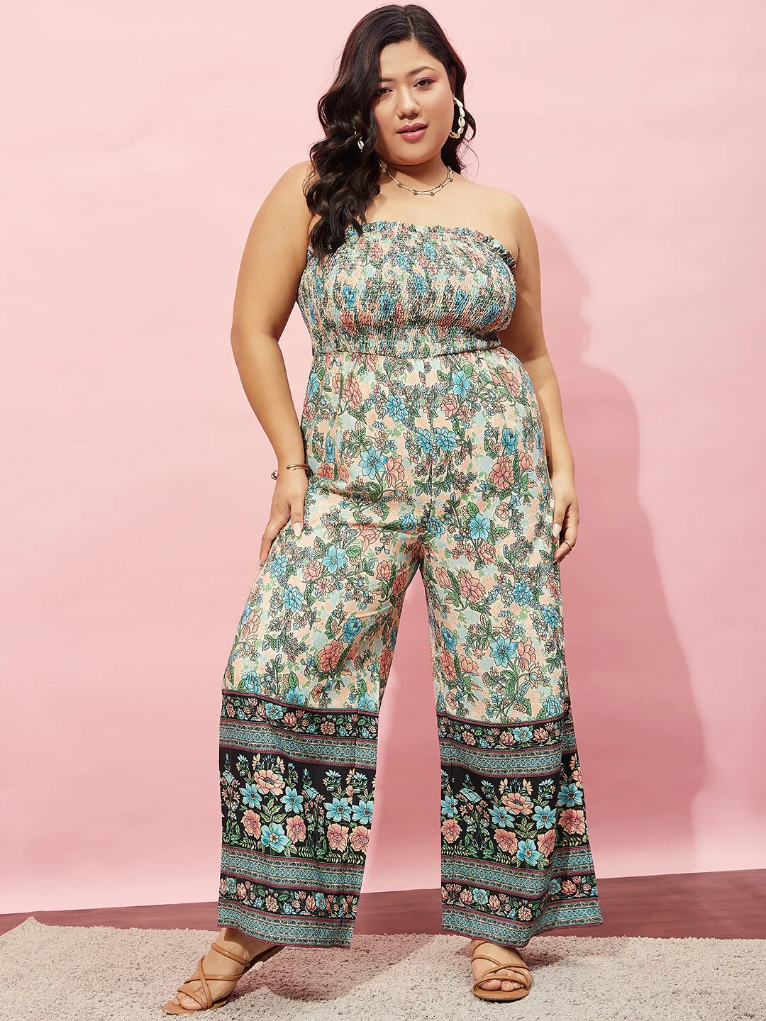 Berrylush Women Plus Size White & Green Floral Printed Strapless Neck Sleeveless Wide-Leg Smocked Maxi Jumpsuit