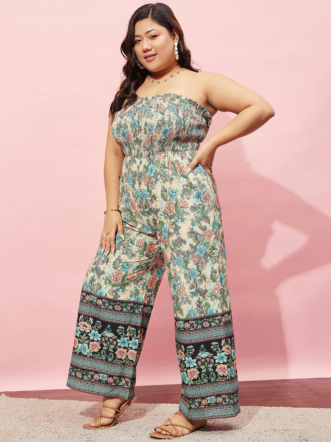 Berrylush Women Plus Size White & Green Floral Printed Strapless Neck Sleeveless Wide-Leg Smocked Maxi Jumpsuit