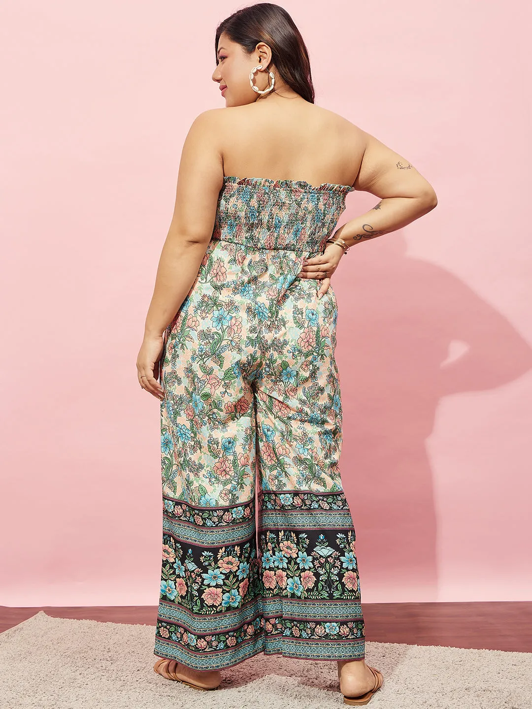 Berrylush Women Plus Size White & Green Floral Printed Strapless Neck Sleeveless Wide-Leg Smocked Maxi Jumpsuit