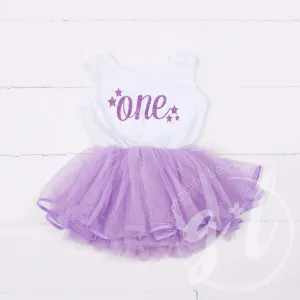 Birthday Dress Purple Starry Script with her AGE White Sleeveless with Purple Tutu