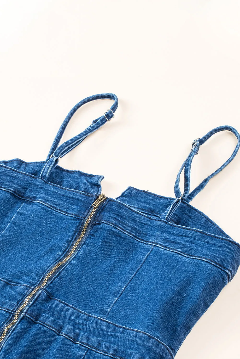 Blue Spaghetti Straps Notch V Denim Jumpsuit