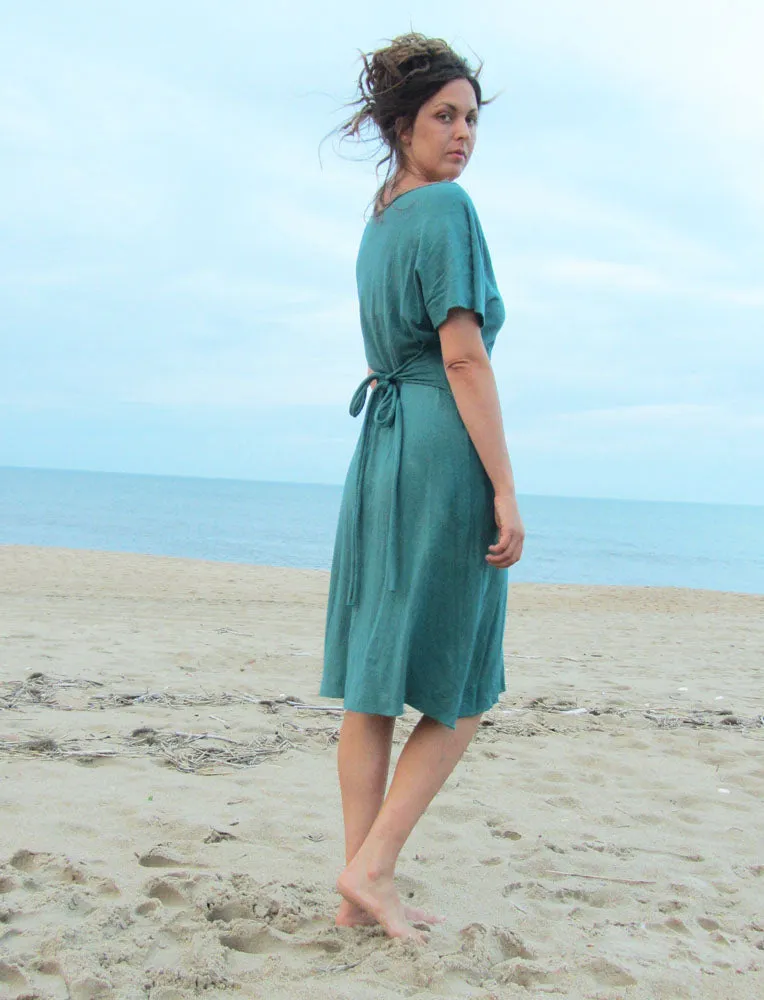 Boat Kimono Belted Below Knee Dress