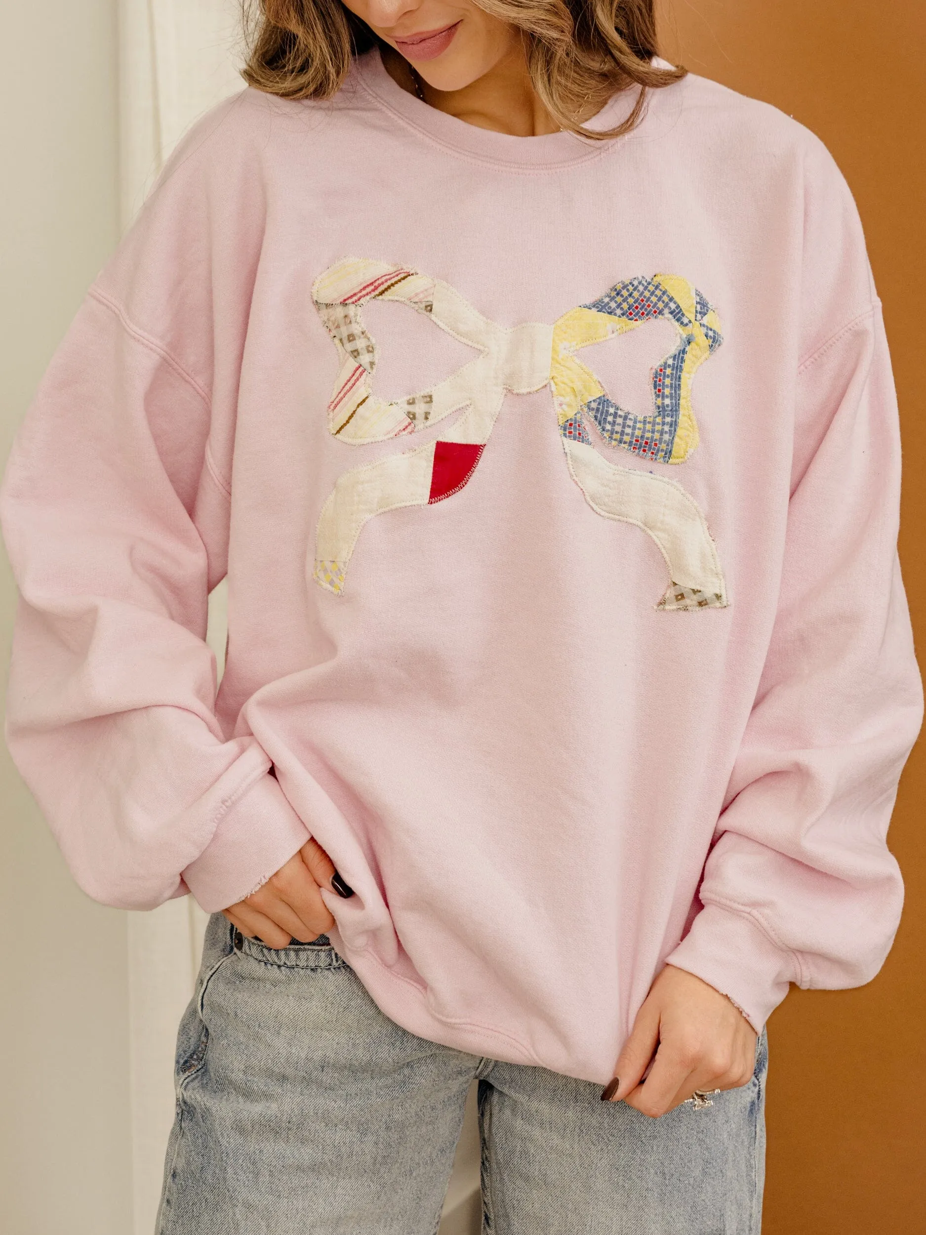 BOW Quilted Applique Pink Thrifted Sweatshirt