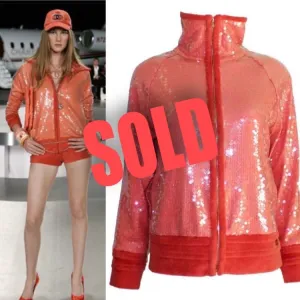 Chanel 2008 Cruise 08C Salmon Coral Orange Sequin Terry Cloth Bomber Jacket FR 40