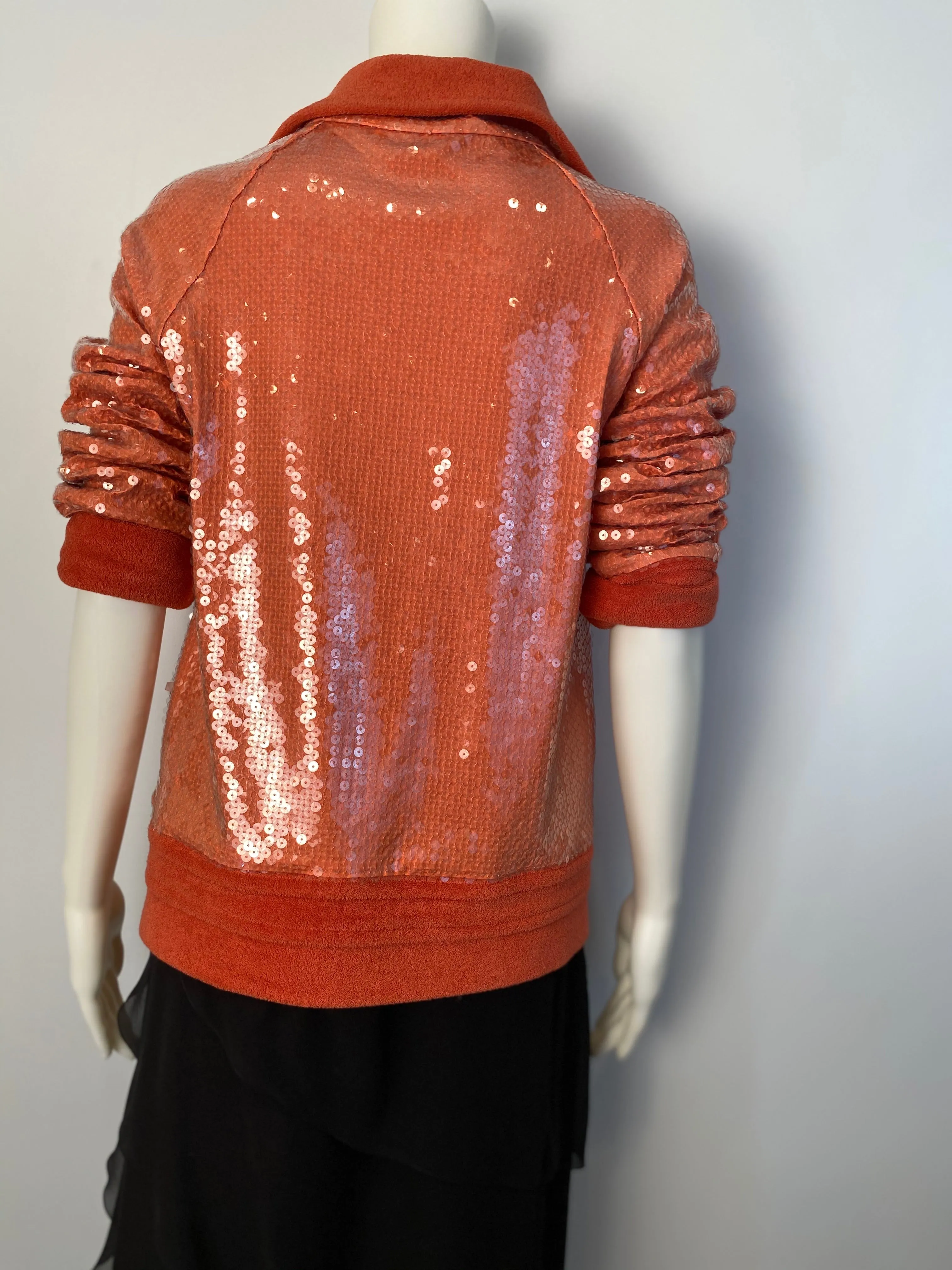 Chanel 2008 Cruise 08C Salmon Coral Orange Sequin Terry Cloth Bomber Jacket FR 40