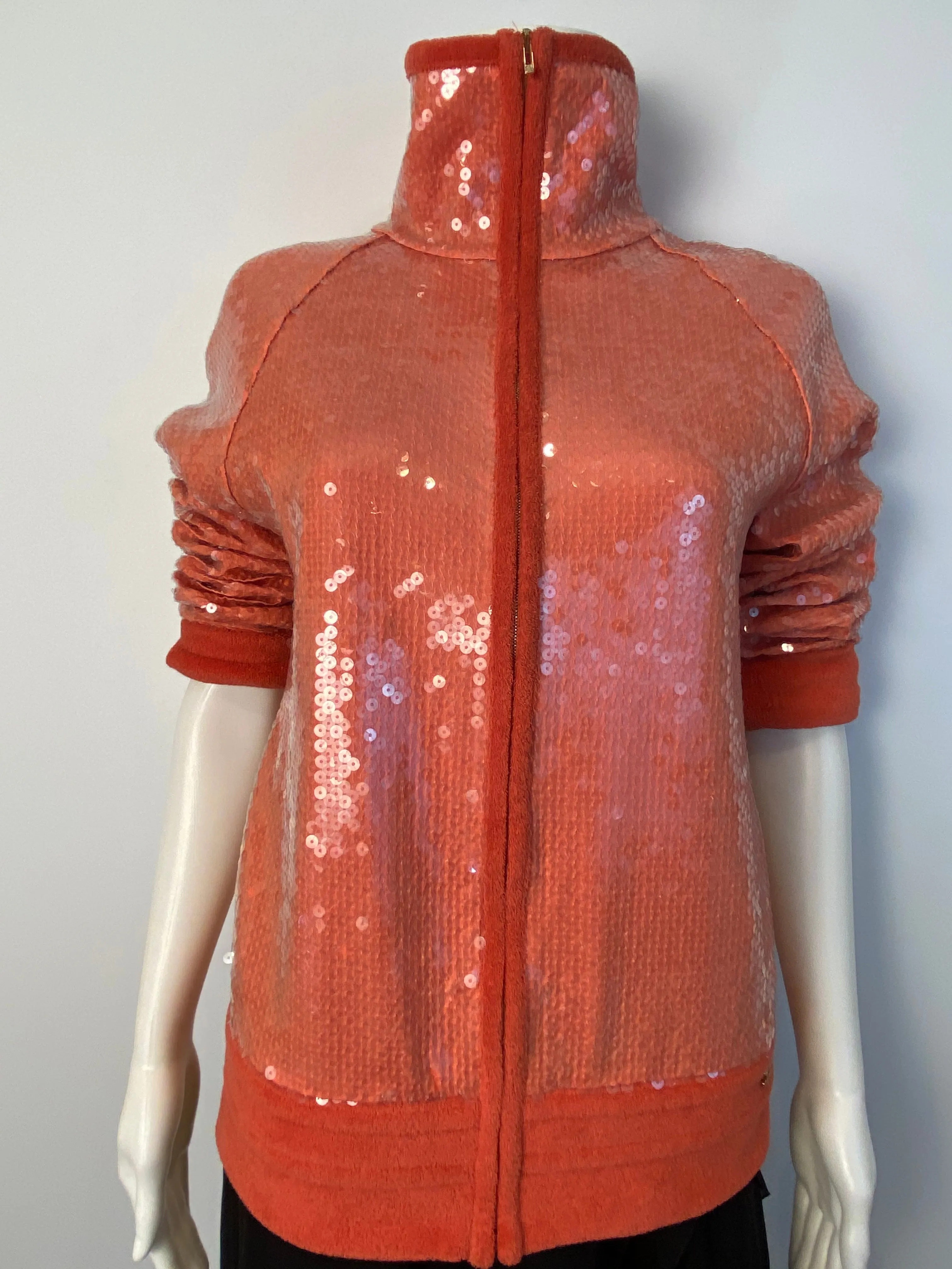 Chanel 2008 Cruise 08C Salmon Coral Orange Sequin Terry Cloth Bomber Jacket FR 40