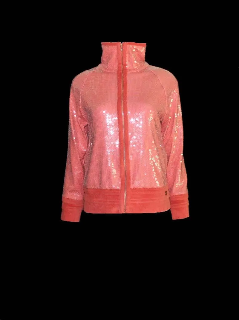 Chanel 2008 Cruise 08C Salmon Coral Orange Sequin Terry Cloth Bomber Jacket FR 40