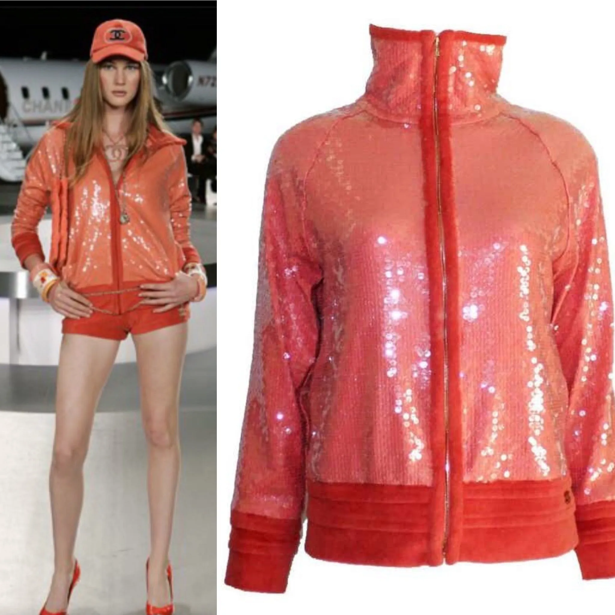 Chanel 2008 Cruise 08C Salmon Coral Orange Sequin Terry Cloth Bomber Jacket FR 40