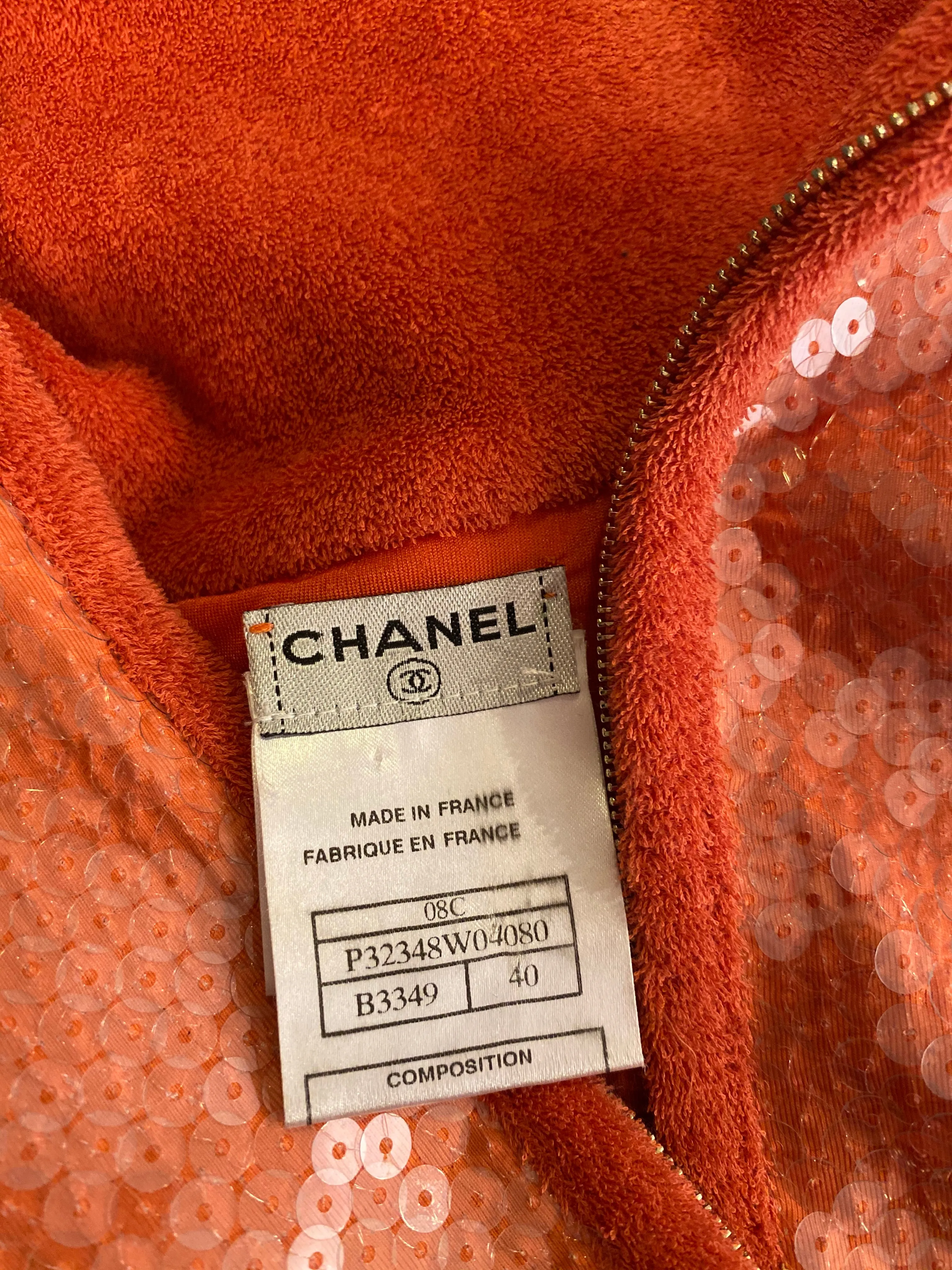 Chanel 2008 Cruise 08C Salmon Coral Orange Sequin Terry Cloth Bomber Jacket FR 40