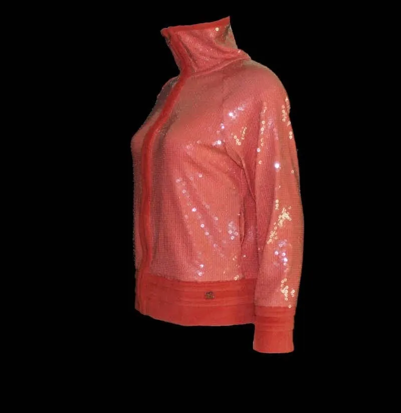 Chanel 2008 Cruise 08C Salmon Coral Orange Sequin Terry Cloth Bomber Jacket FR 40