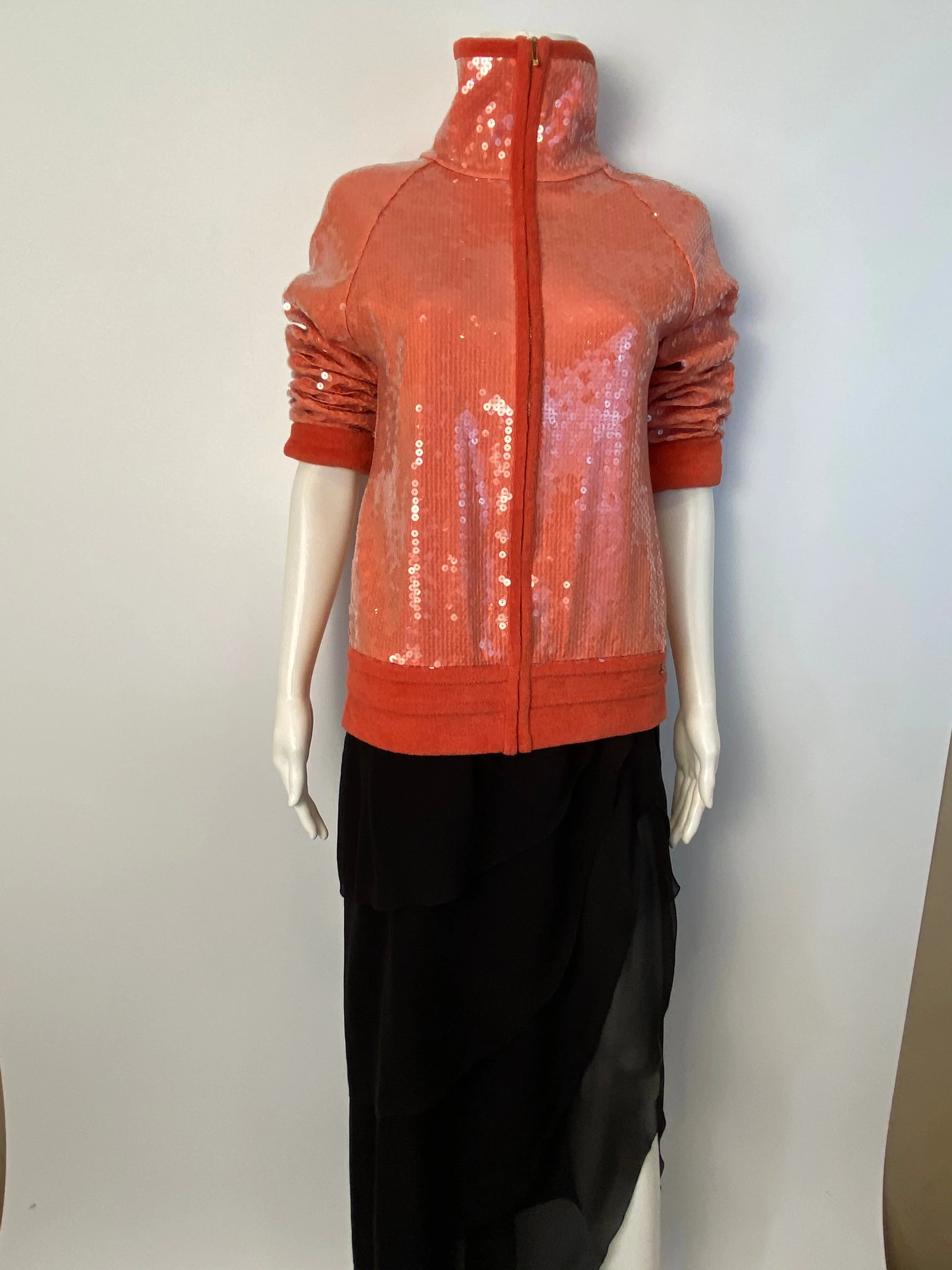 Chanel 2008 Cruise 08C Salmon Coral Orange Sequin Terry Cloth Bomber Jacket FR 40