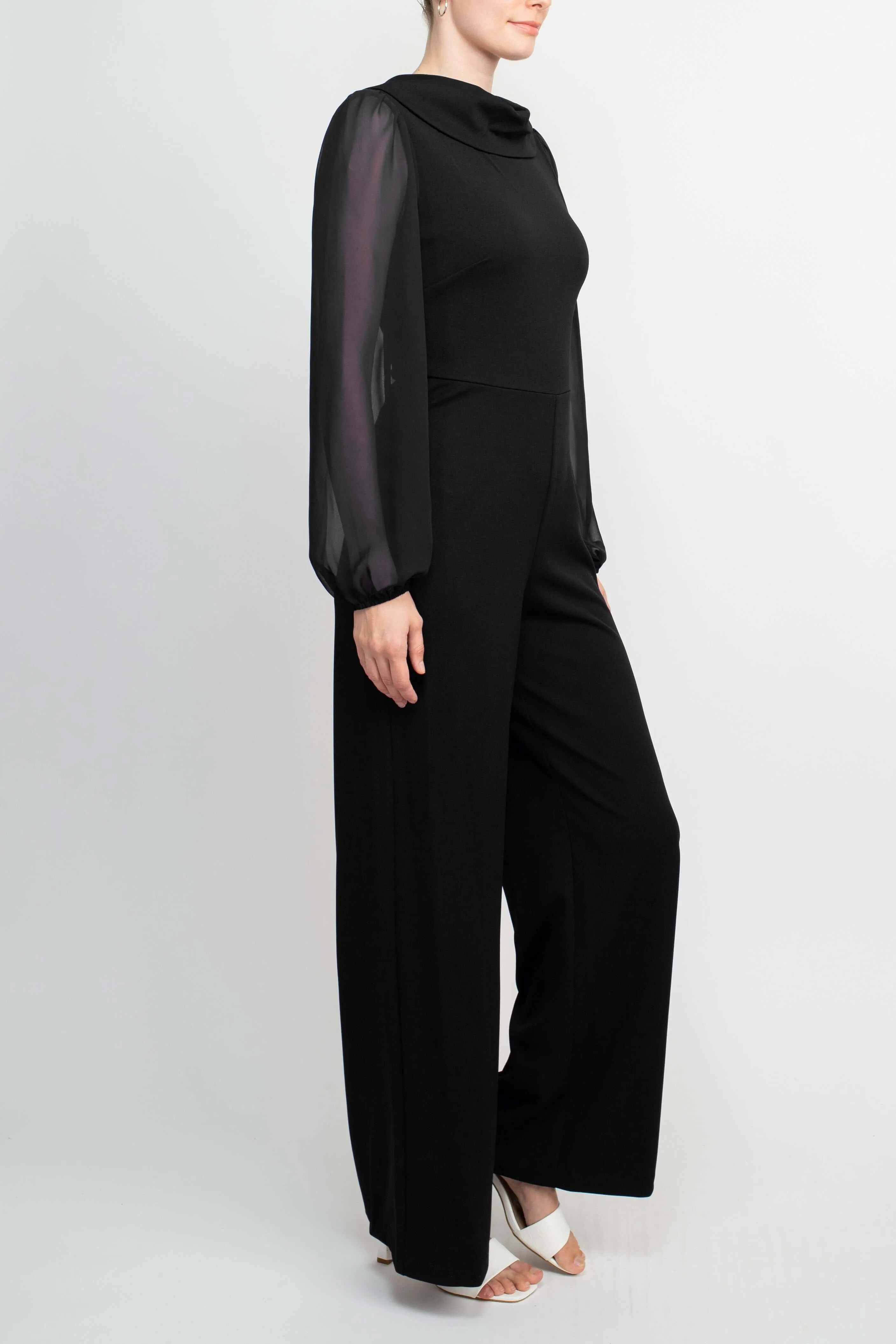 Connected Apparel Popover Neck Chiffon Long Sleeve Zipper Back Solid Jumpsuit