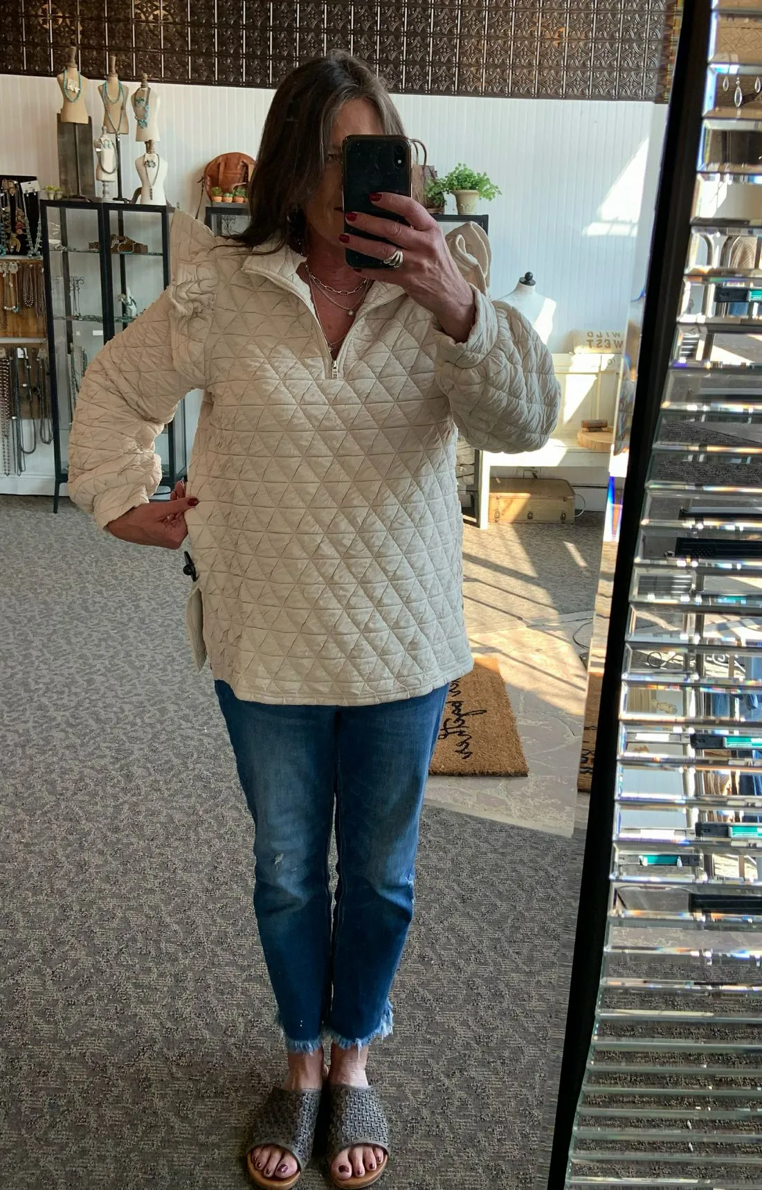 Cream Quilted 1/4 Zip Ruffle Sleeve Sweatshirt - S to 3X