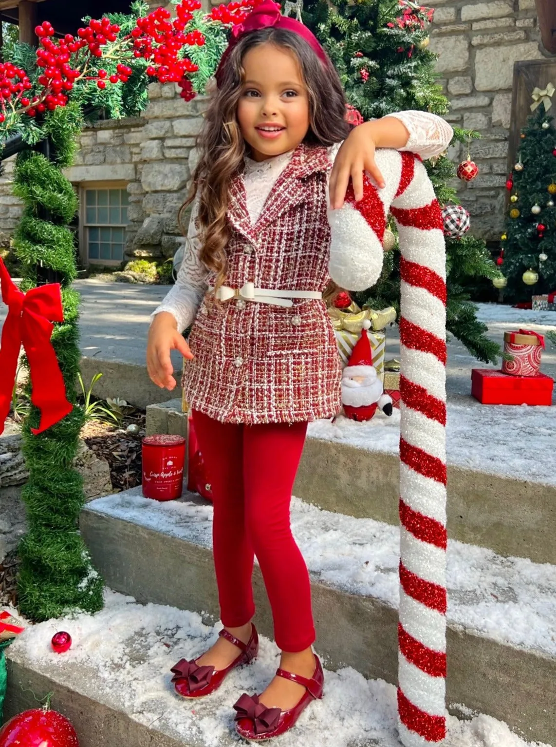 Frosty and Chic White Lace Top, Vest, Belt and Legging Set