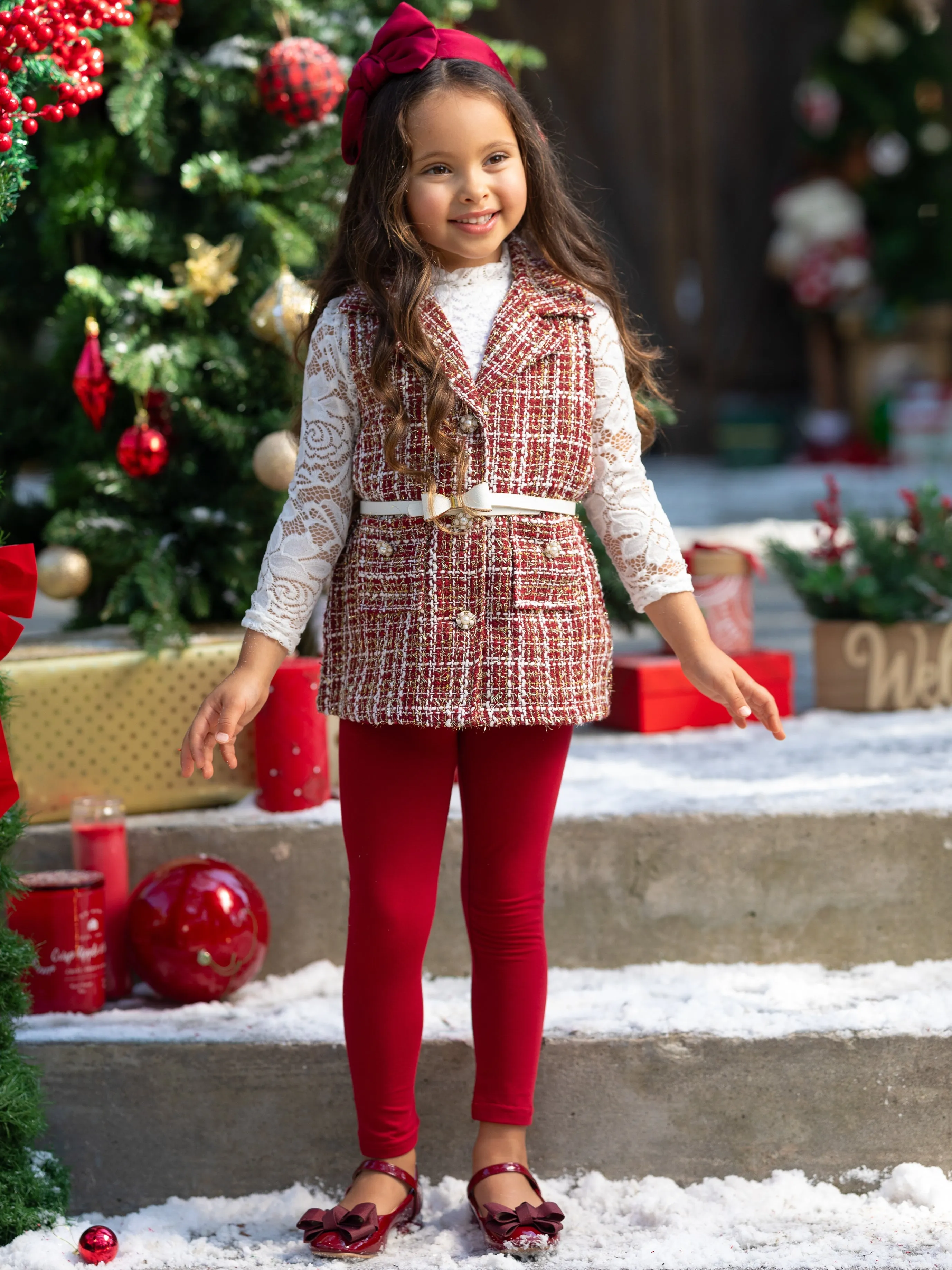 Frosty and Chic White Lace Top, Vest, Belt and Legging Set