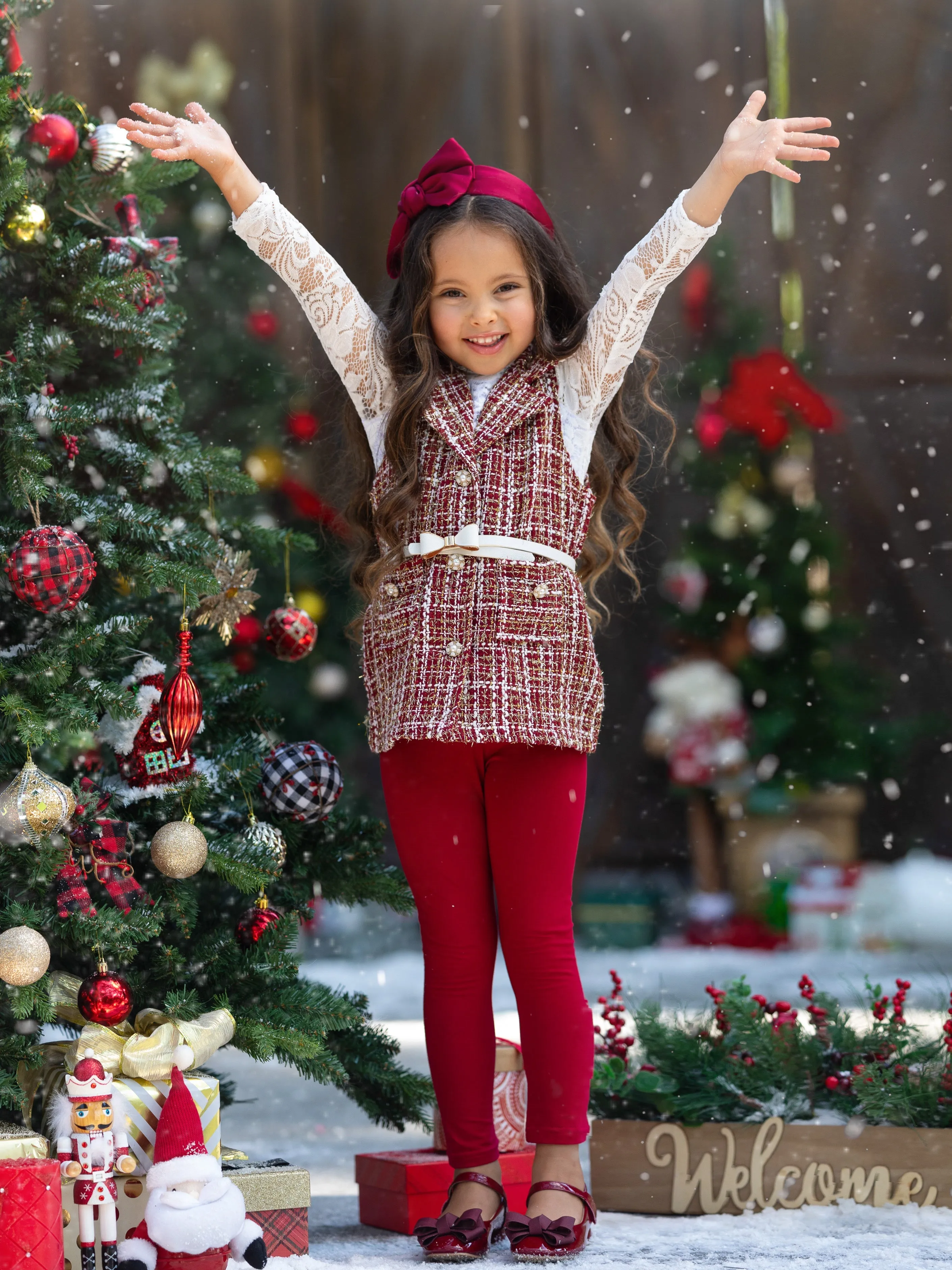 Frosty and Chic White Lace Top, Vest, Belt and Legging Set