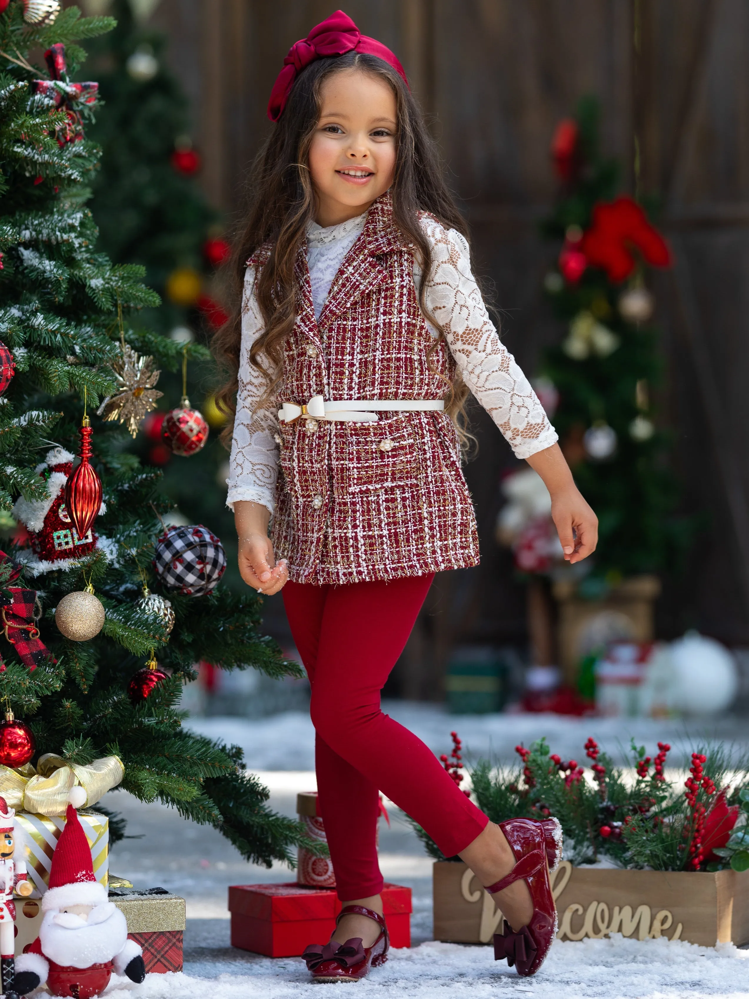 Frosty and Chic White Lace Top, Vest, Belt and Legging Set