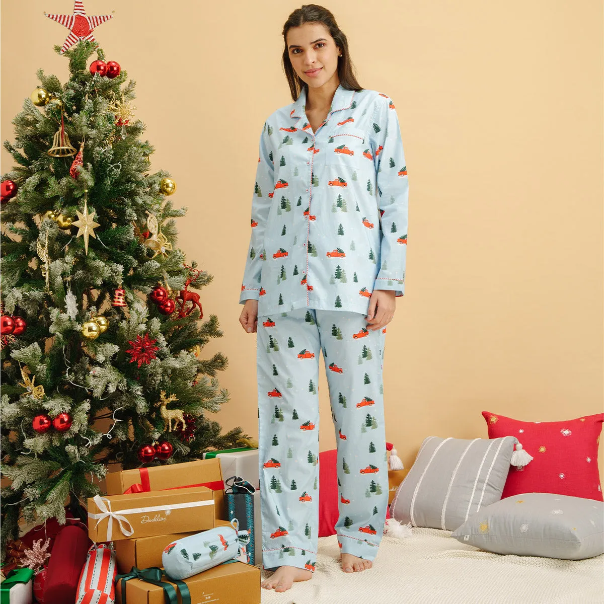 Frosty Ride Cotton Notched Pyjama Set - Women