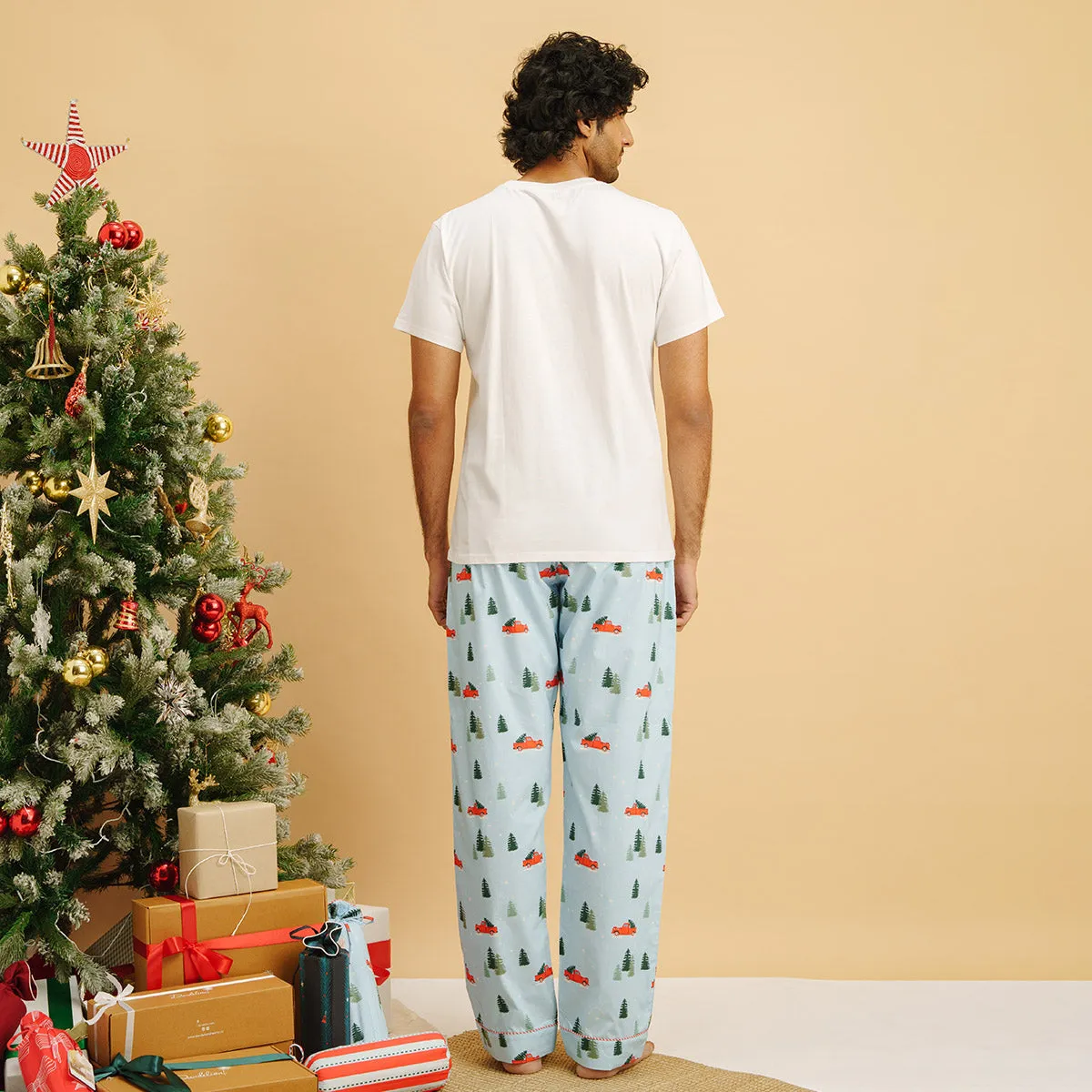 Frosty Ride Embroidered T-shirt & Cotton Pyjama - Men