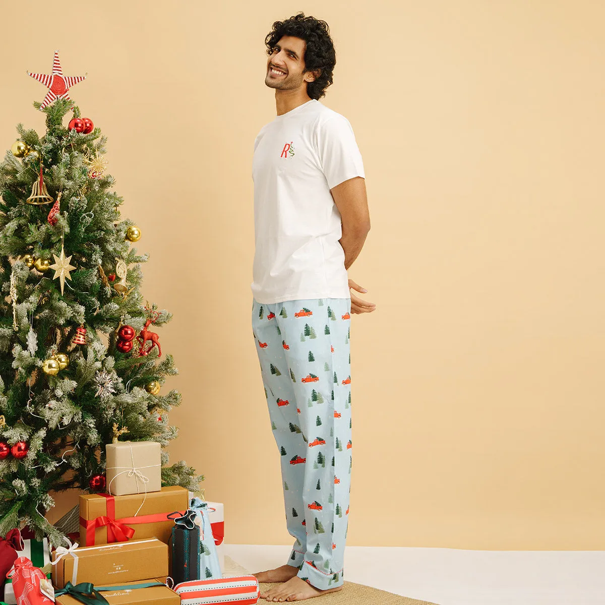 Frosty Ride Embroidered T-shirt & Cotton Pyjama - Men