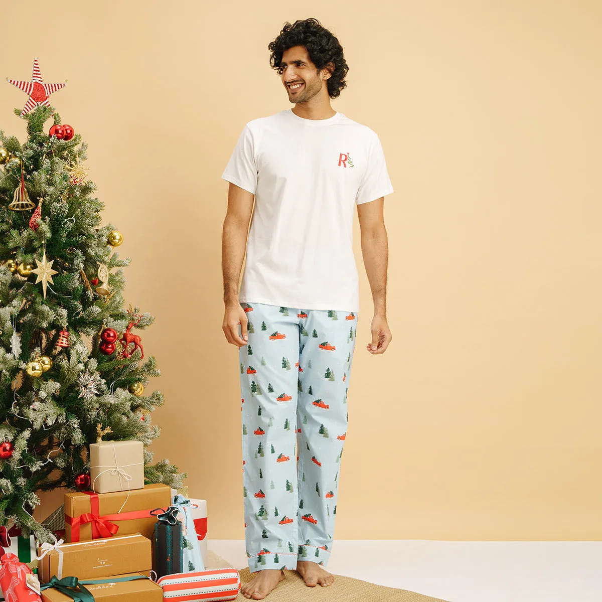 Frosty Ride Embroidered T-shirt & Cotton Pyjama - Men