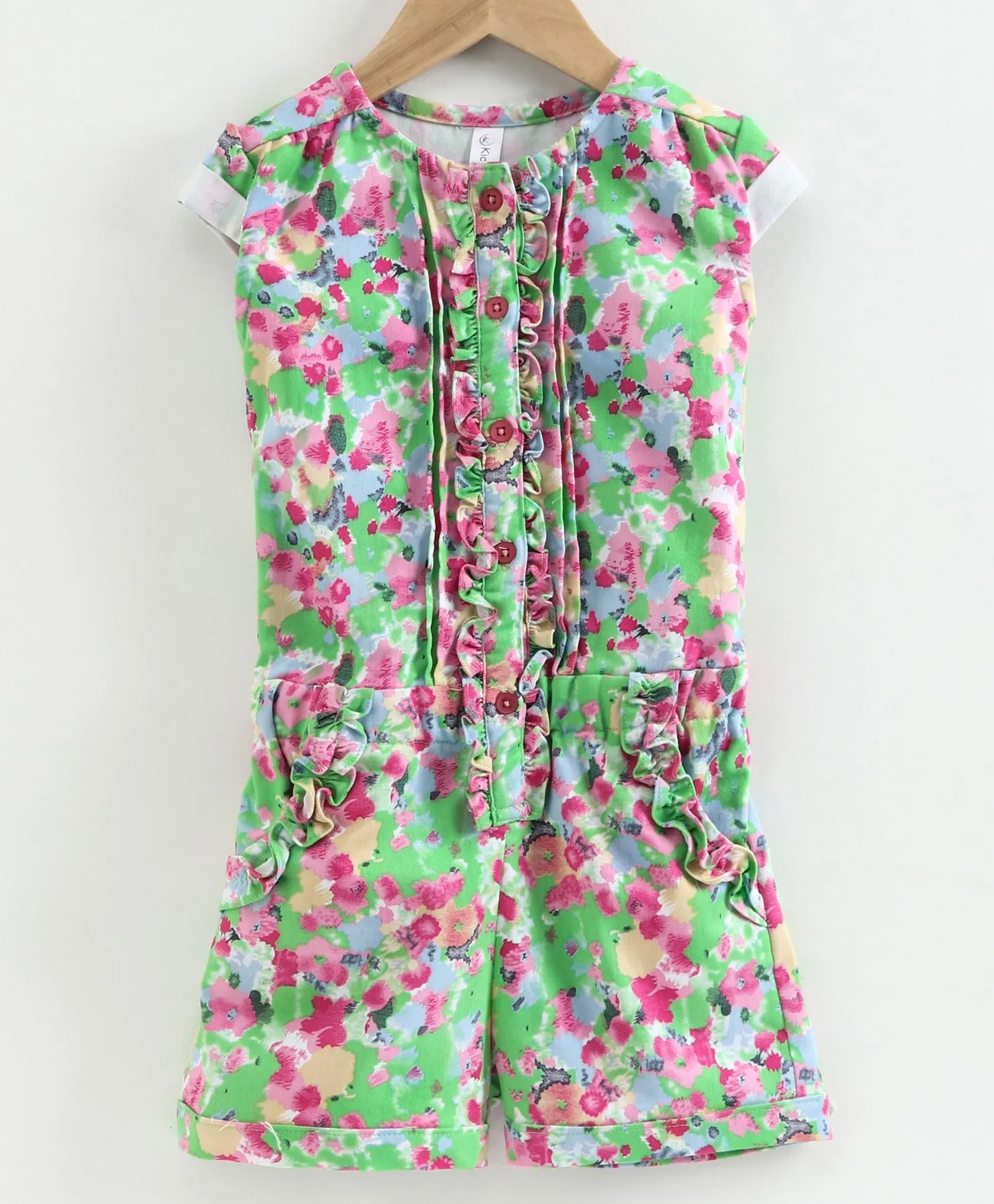 Girls Flower Printed Ruffle Placket Romper Short