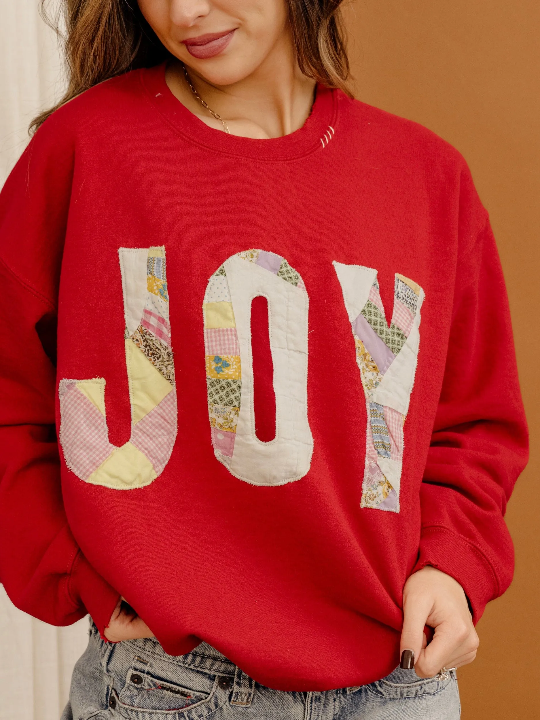 JOY Quilted Applique Red Thrifted Sweatshirt