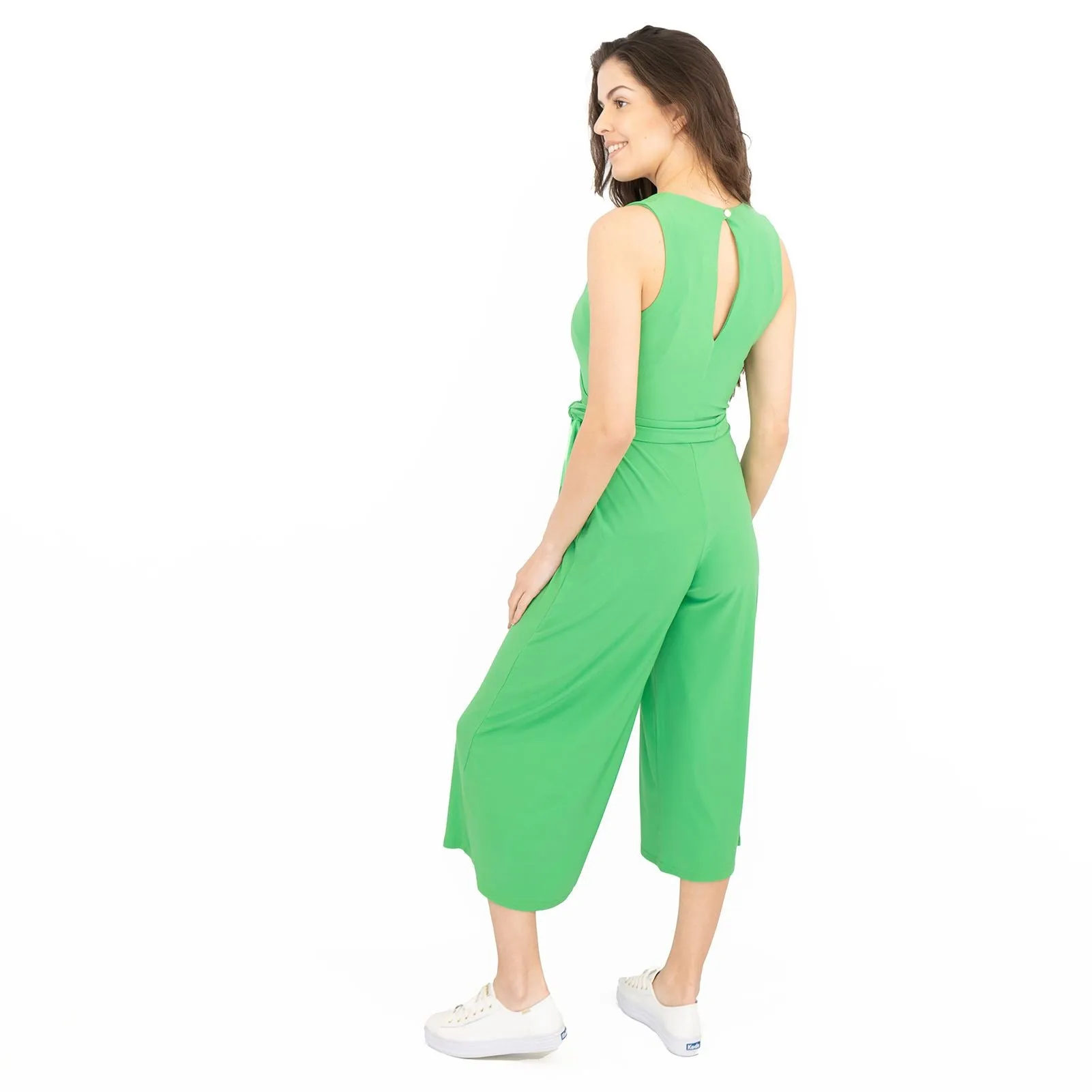 Karen Millen Jumpsuit Green Belted Jersey Cropped Wide Leg Sleeveless Playsuit