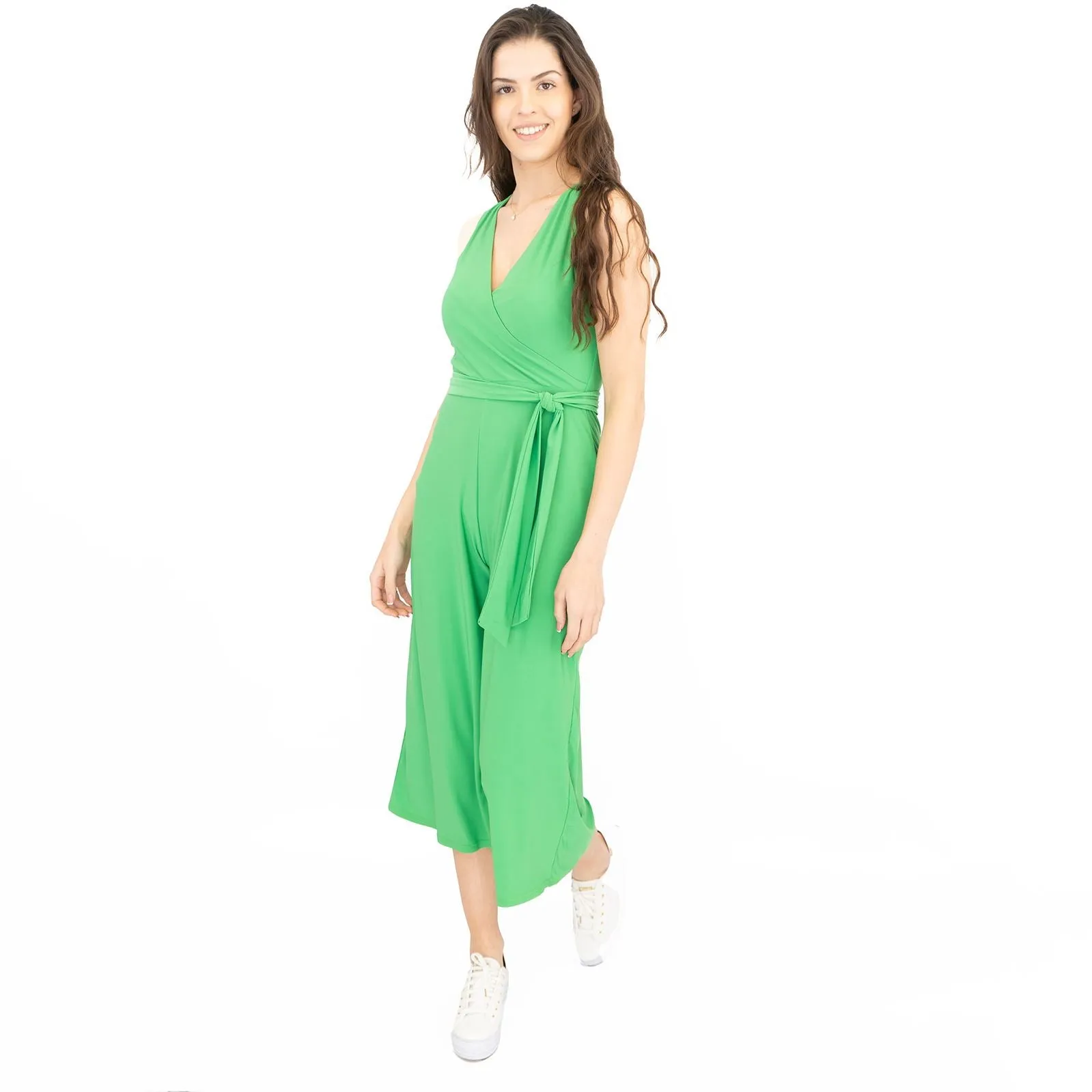 Karen Millen Jumpsuit Green Belted Jersey Cropped Wide Leg Sleeveless Playsuit