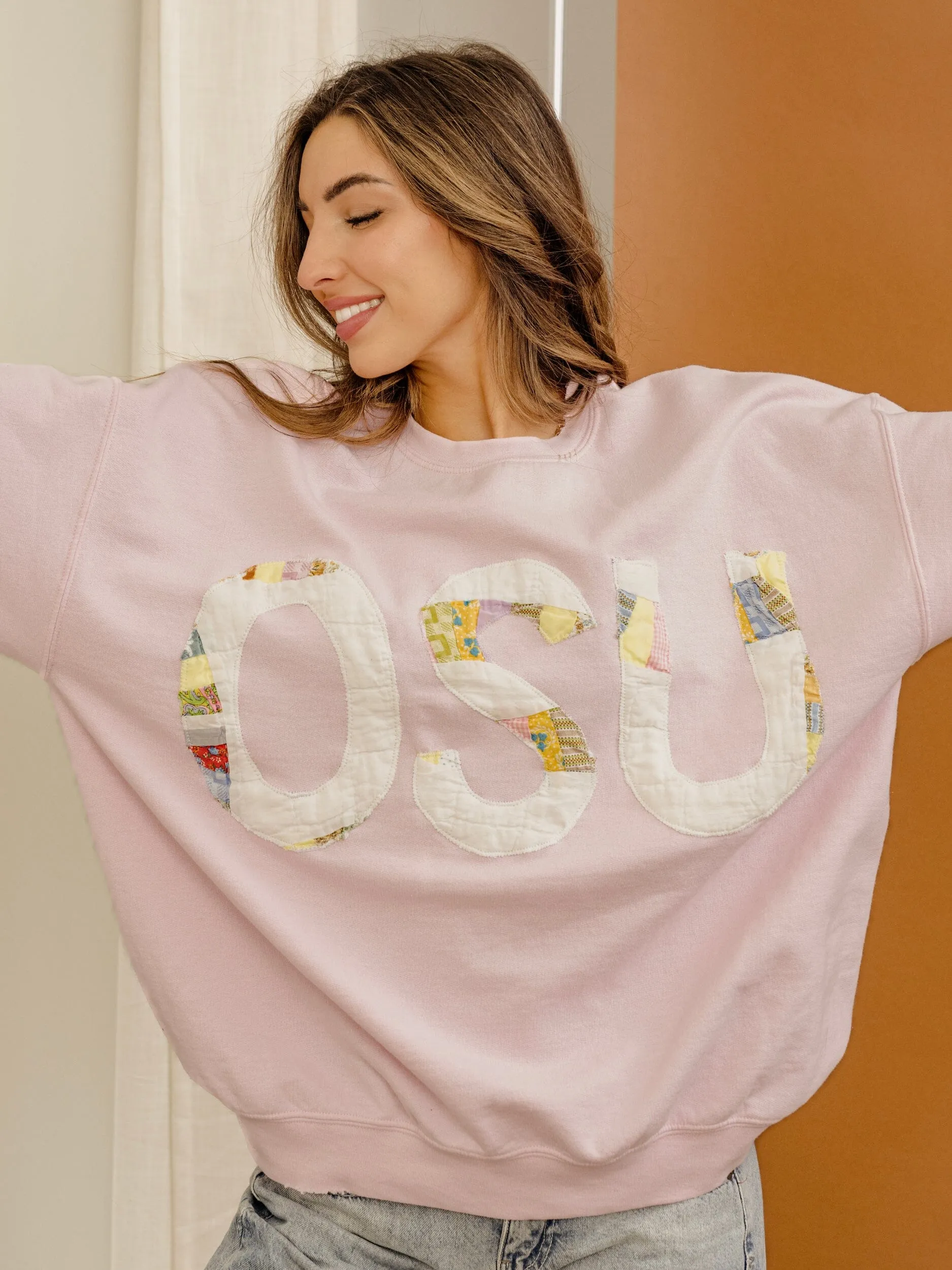 Large OSU Quilted Applique Pink Thrifted Sweatshirt