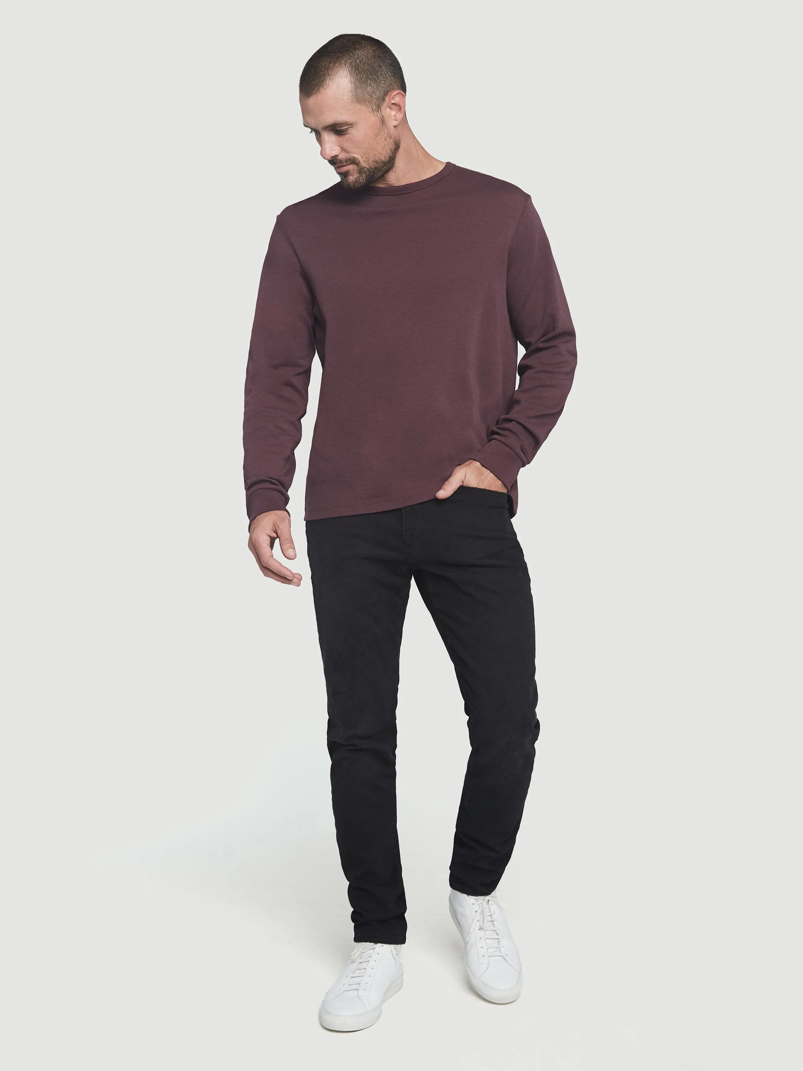 Long Sleeve Quilted Crew -- Burgundy