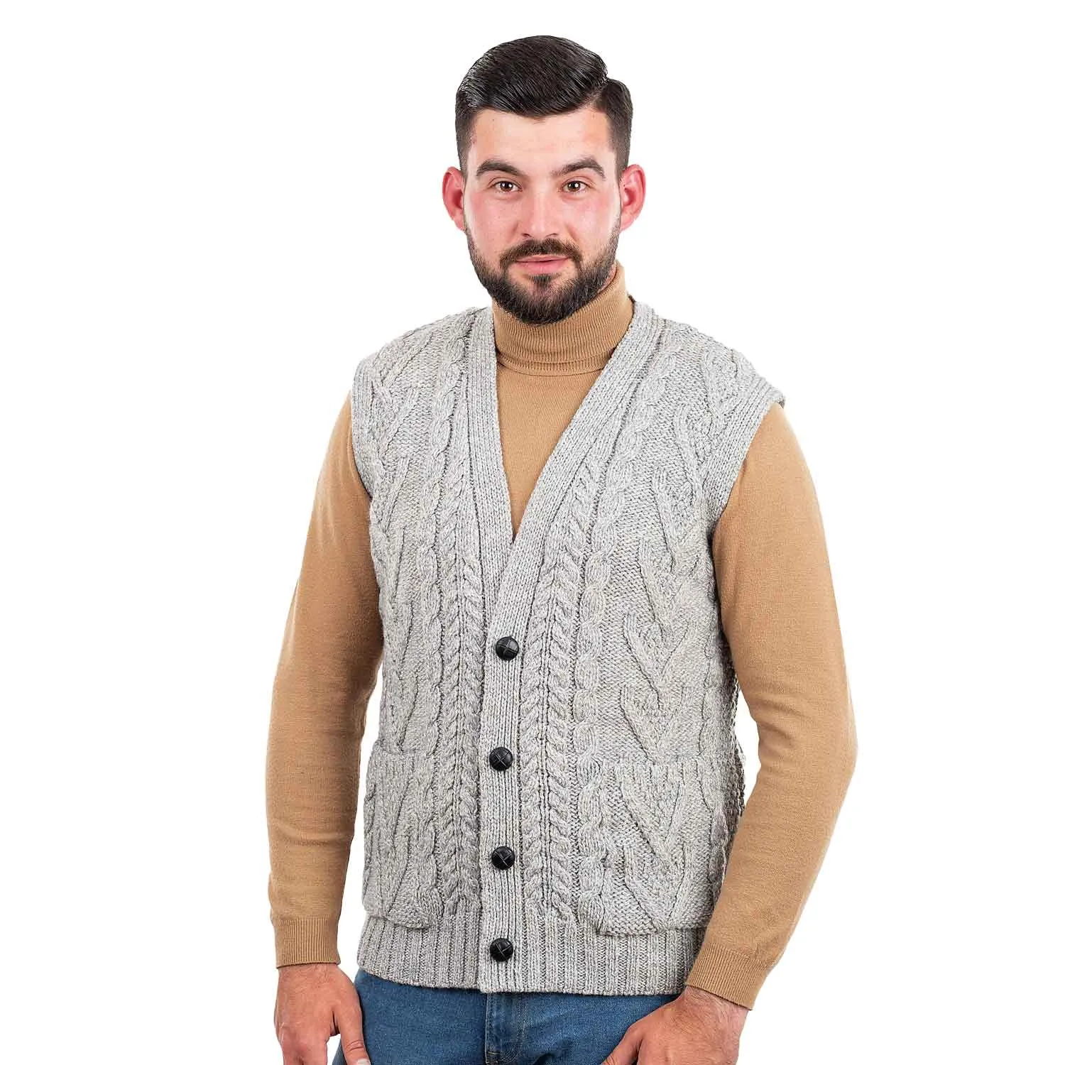 Men's Aran Knit Vest, Grey