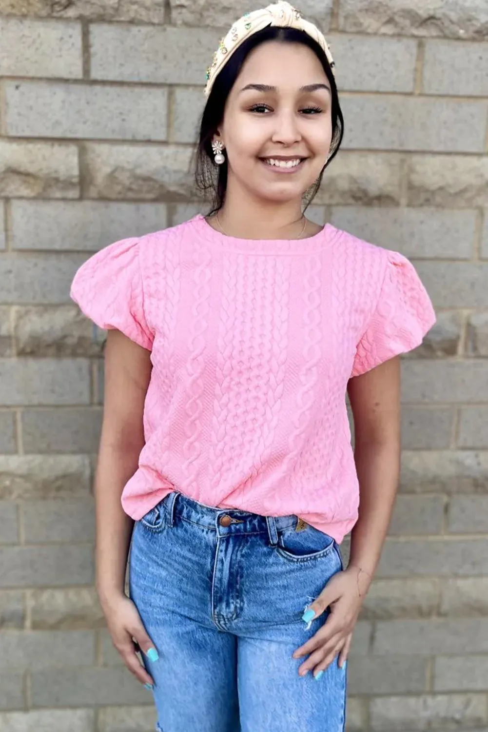 Pink Textured Puff Sleeve T Shirt