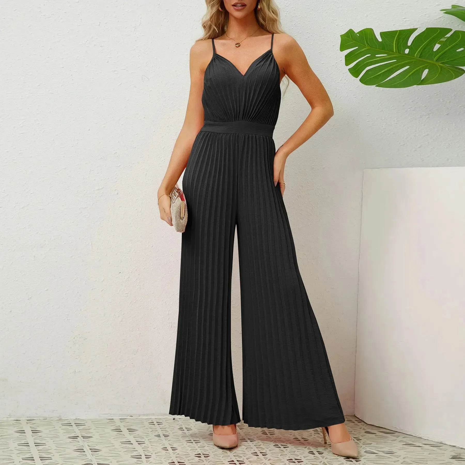 Pleated Jumpsuit Loose Straight Pants