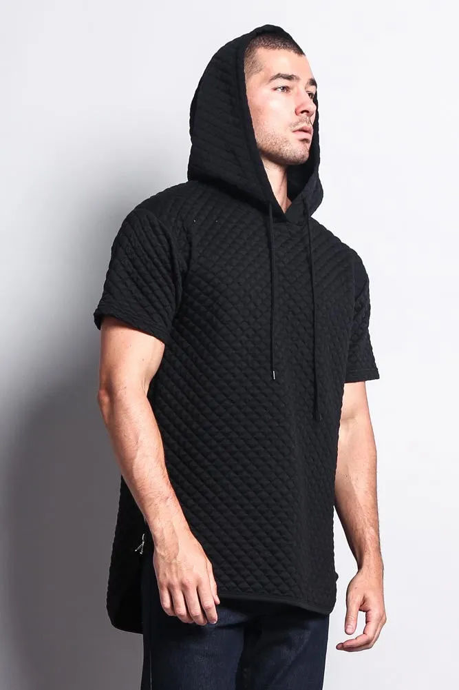 Quilted Long Length Curved Hem Hooded T-Shirt