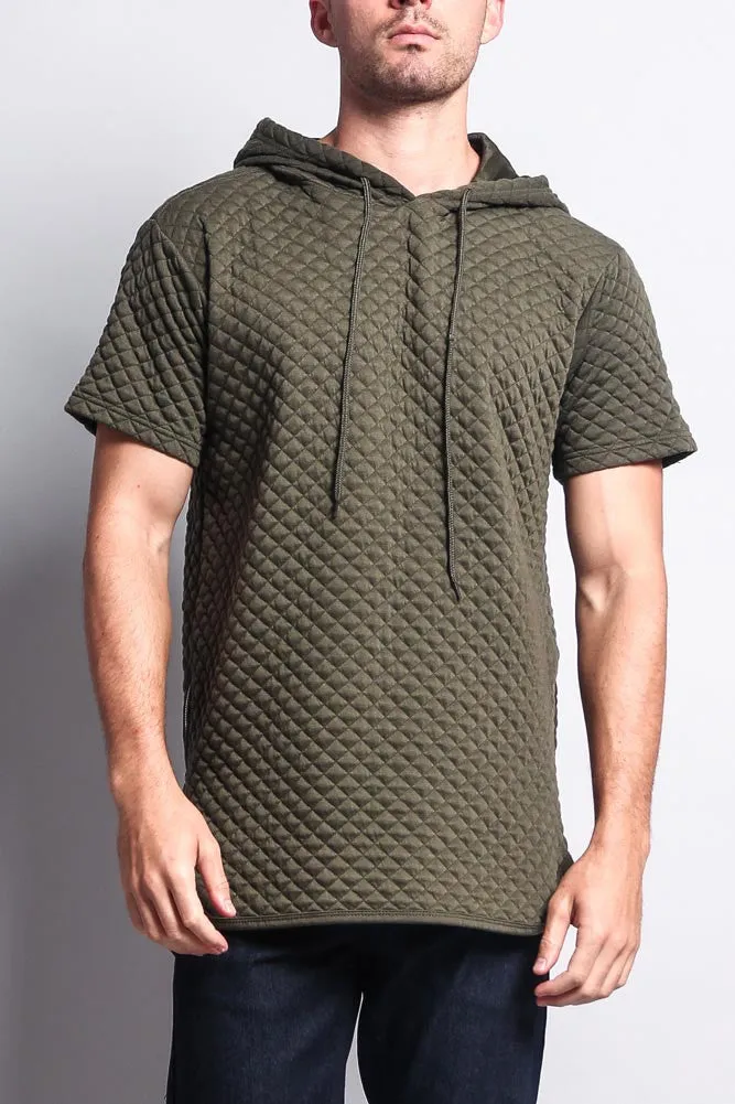 Quilted Long Length Curved Hem Hooded T-Shirt