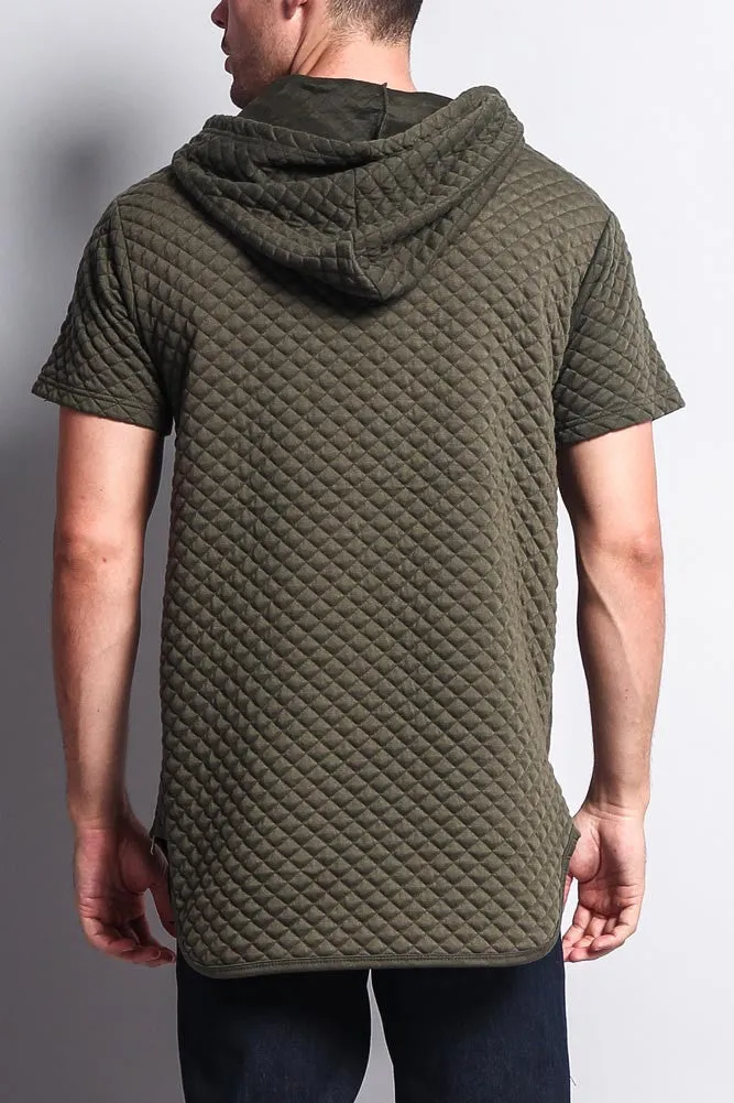 Quilted Long Length Curved Hem Hooded T-Shirt