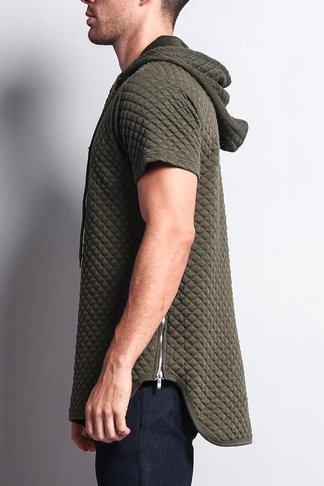 Quilted Long Length Curved Hem Hooded T-Shirt