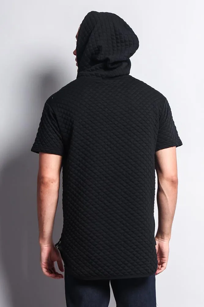 Quilted Long Length Curved Hem Hooded T-Shirt