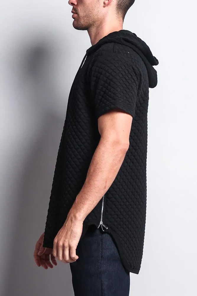 Quilted Long Length Curved Hem Hooded T-Shirt