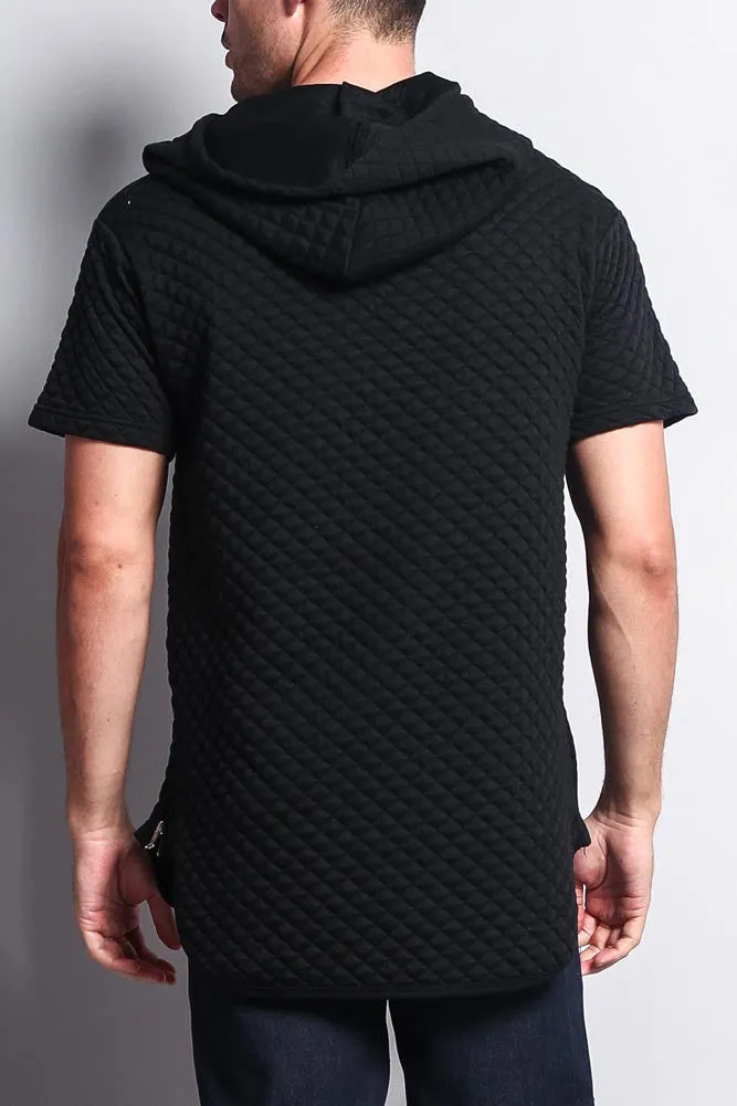 Quilted Long Length Curved Hem Hooded T-Shirt