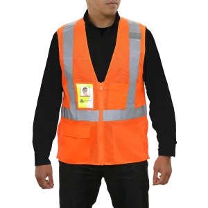 Safety Vest Clear ID Pocket 5pt Breakaway X-Back Orange Zip Mesh