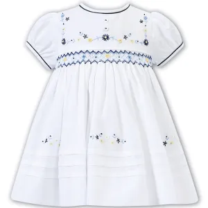 SARAH LOUISE - White Smocked Dress - Navy/Yellow