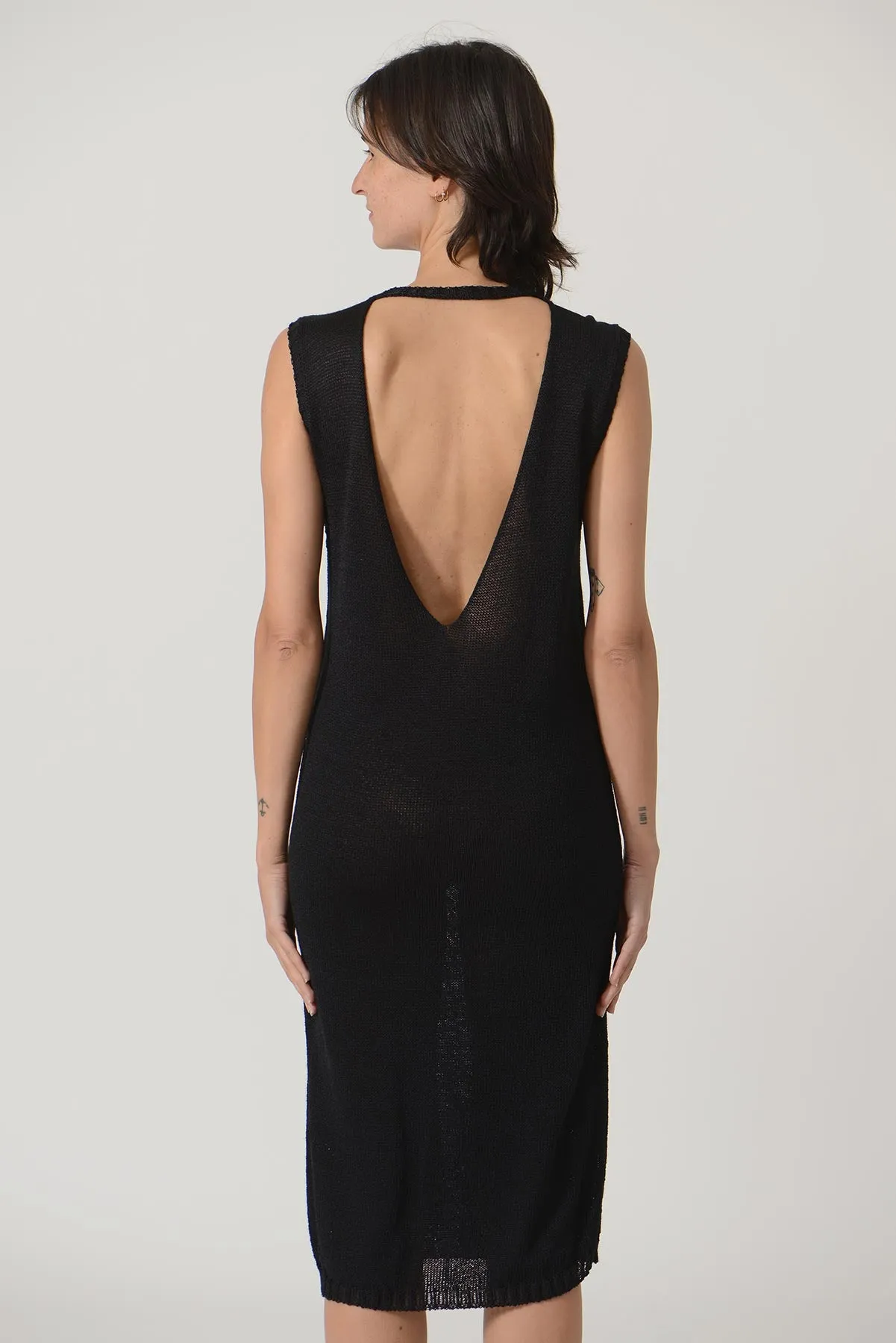 See Through Backless Knit Dress - Black