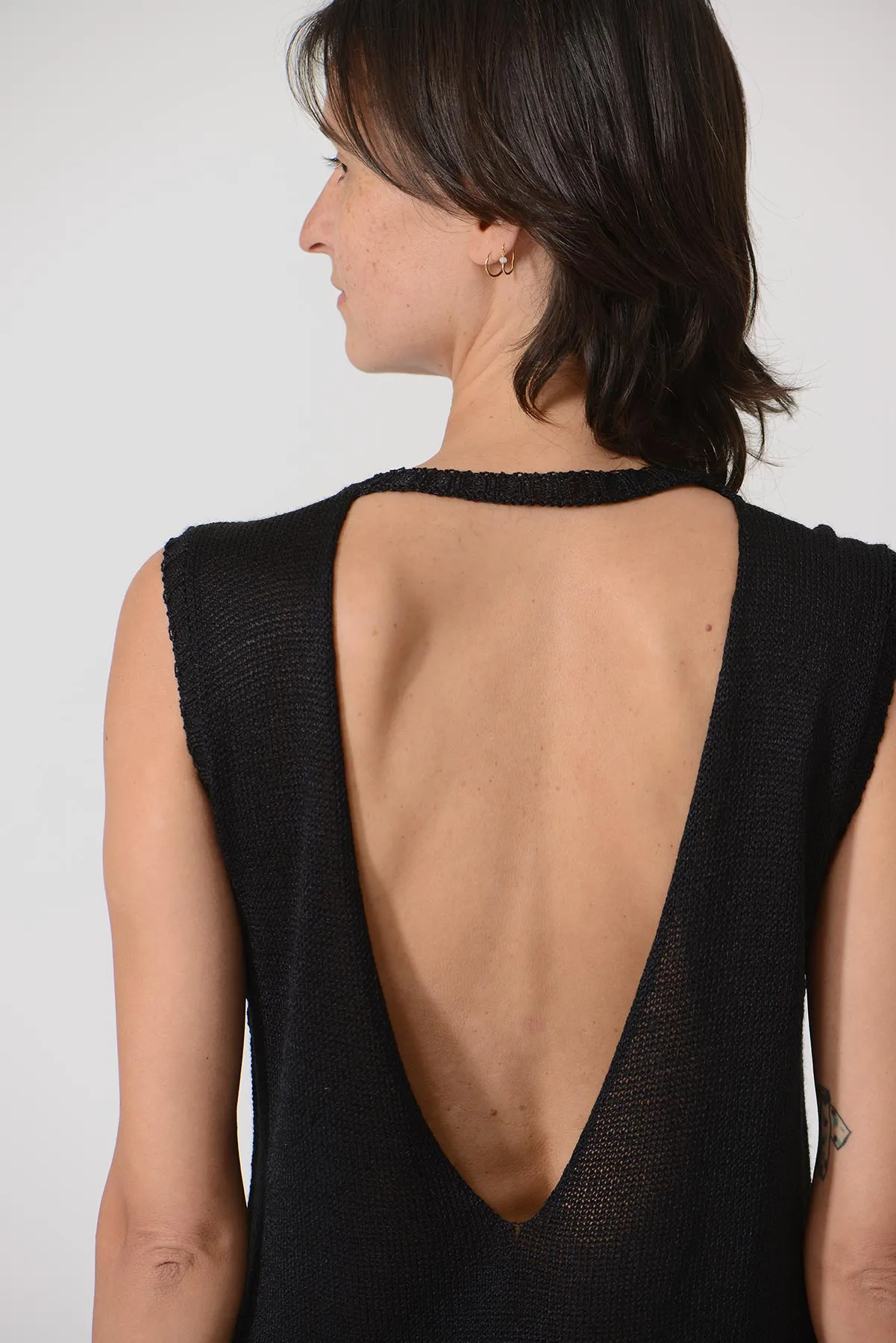 See Through Backless Knit Dress - Black